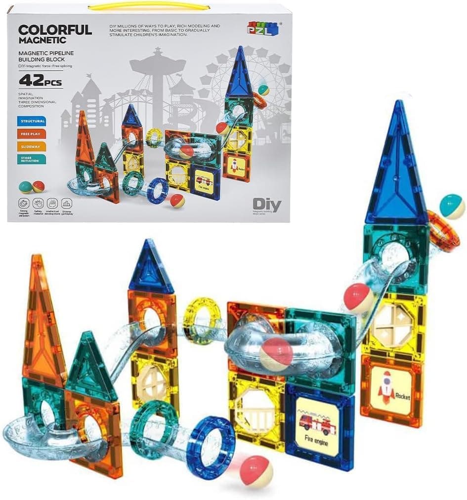 Set magnetic de construit cu 42 de piese si circuit cu bile, 3 ani