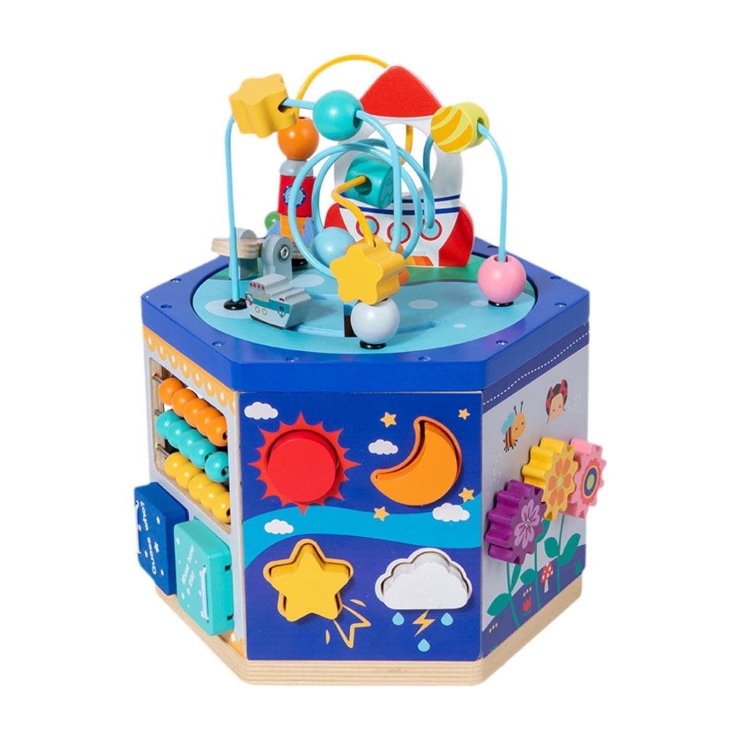 Cub educativ din lemn multifunctional 6 in 1, labirint cu bile, sortator forme, ceas, abac si rotite colorate, 2 ani+