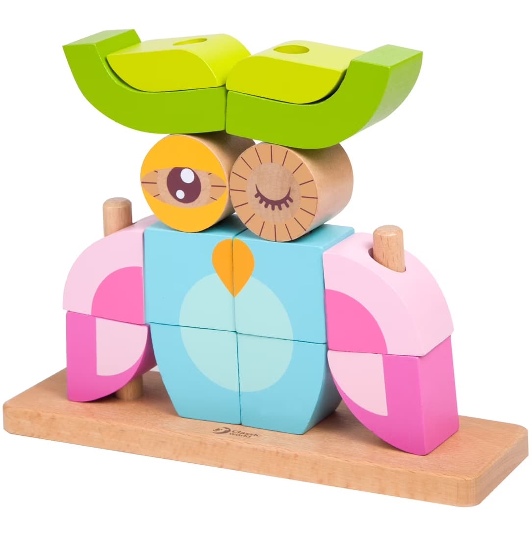 Puzzle 3D din 14 cuburi colorate, pe tije, Bufnita roz cu bleu din lemn