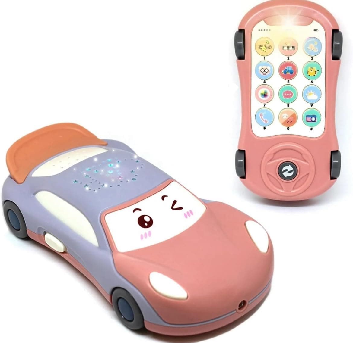 Jucarie Telefon Multifunctionala, In Forma De Masinuta, Lumini Si Sunete, Functie Proiector Stele, Roz