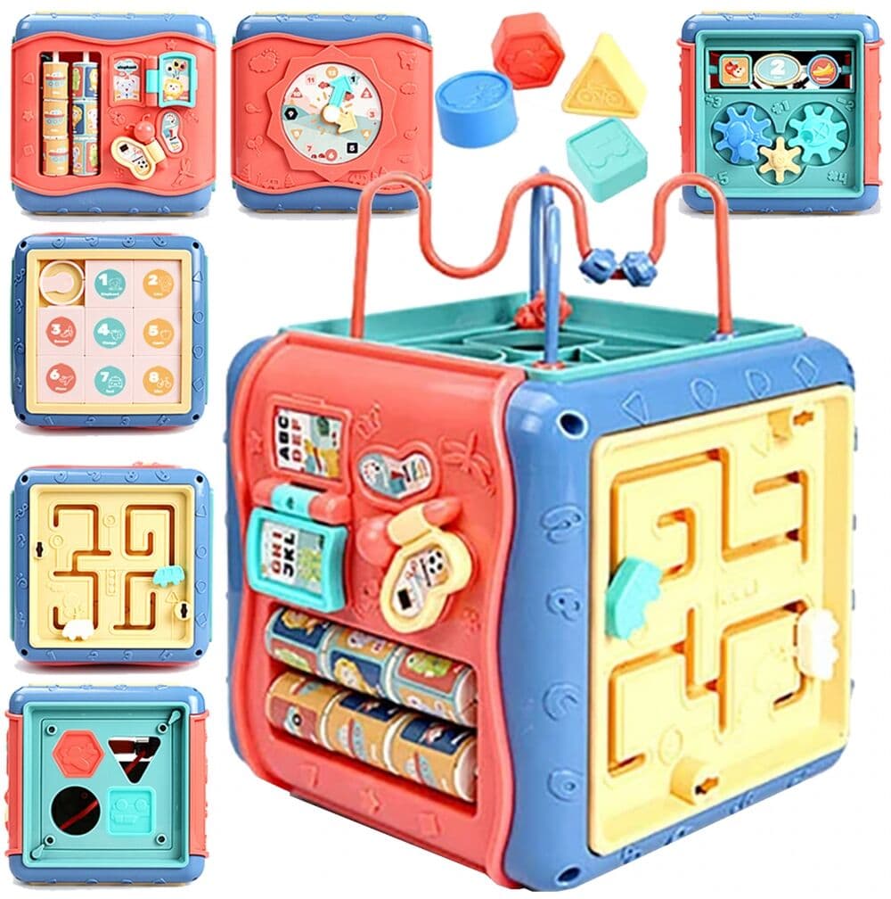 Cub educativ multifunctional 7 in 1 pentru copii, jucarie interactiva cu forme, roti si sunete