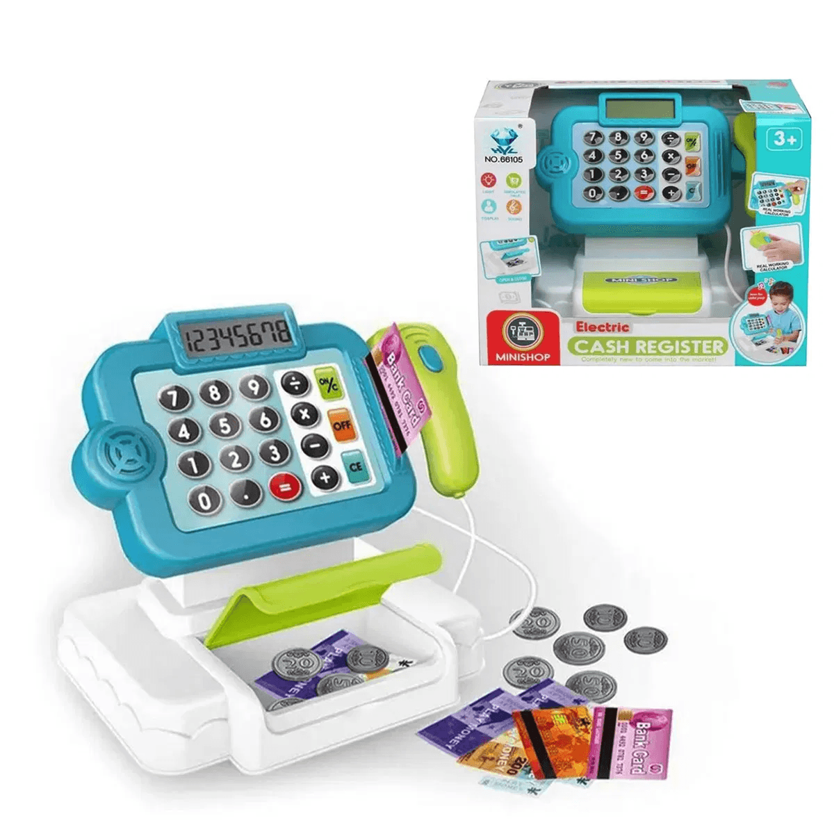 Casa de marcat de jucarie, electronica cu multiple functii, afisaj electronic, Albastru