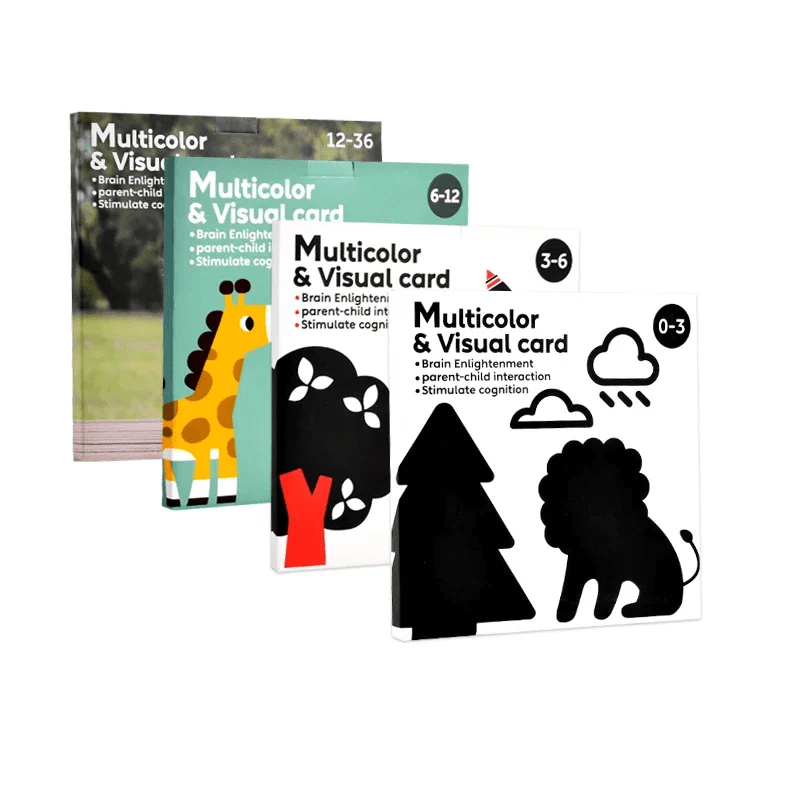 Set 4 carti pentru stimularea vizuala a bebelusului, imagini alb, negru, rosu si multicolor, 0-36 luni