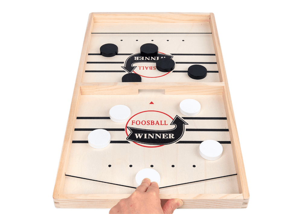 Jucarie interactiva copii, Hochei, 2 jucatori, 5 discuri, lemn, 53cm x 30cm x 3cm