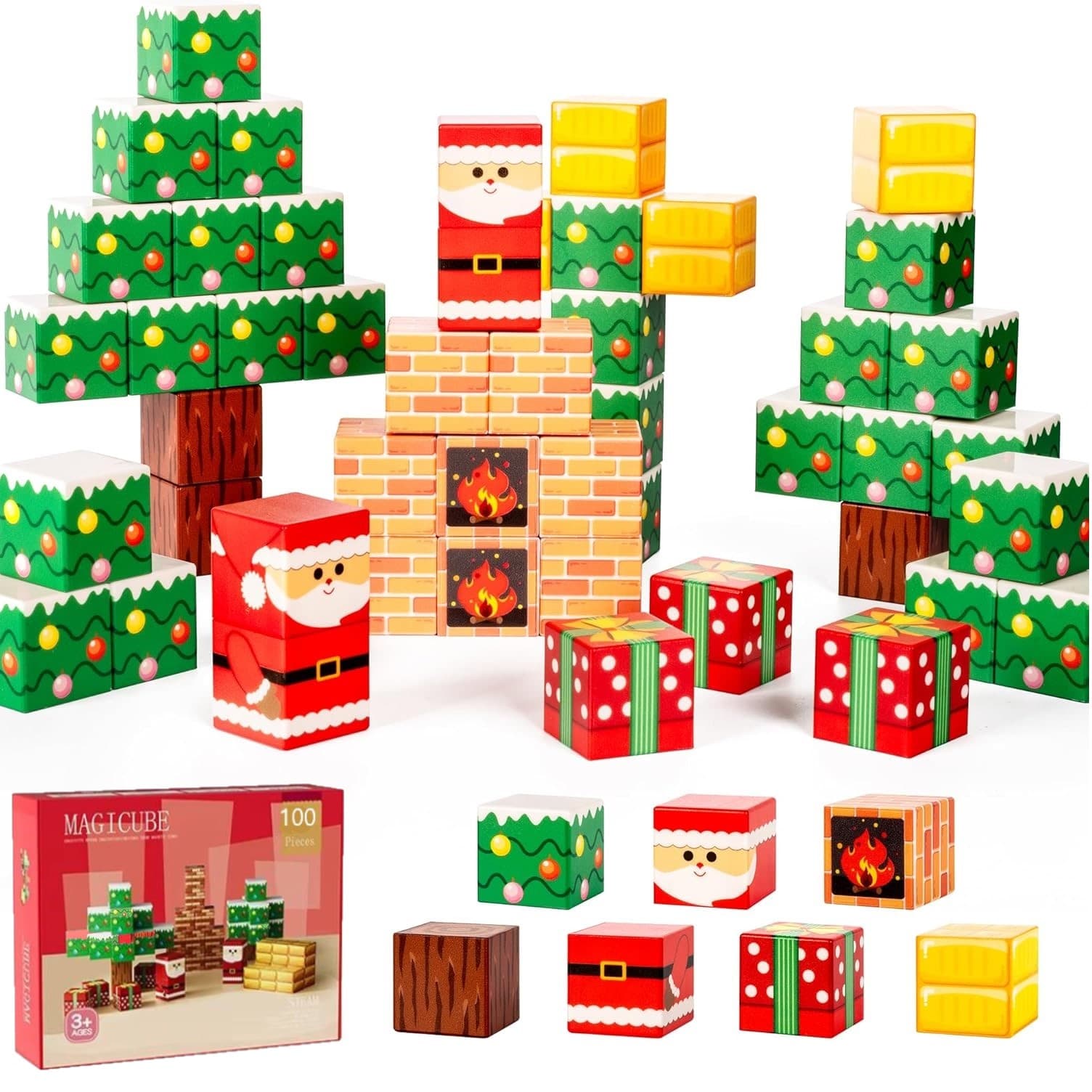 Blocuri magnetice de constructie, 64 piese, compatibile Minecraft, joc educativ STEM pentru creativitate, plastic ABS, tematica craciun, 3+ ani