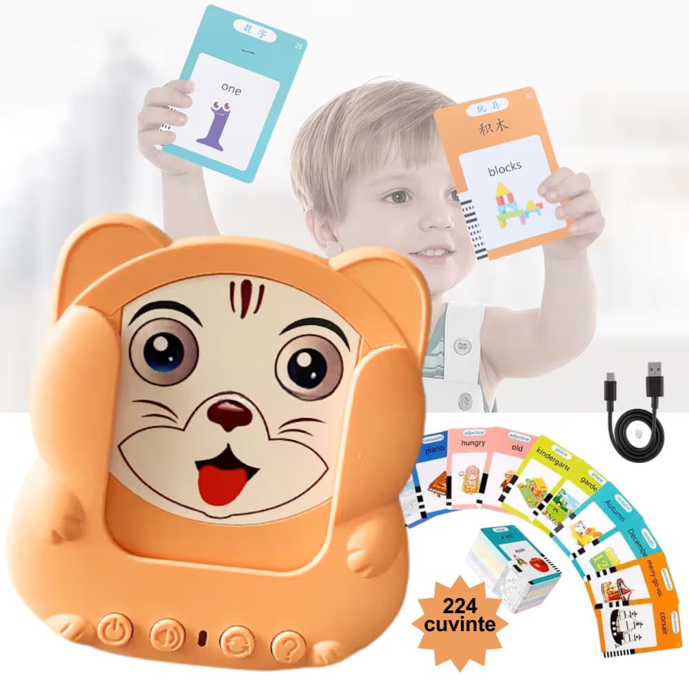 Jucarie educativa Montessori pentru copii, aparat de invatat cuvinte in limba engleza cu cititor de carduri flash, 224 de cuvinte, 112 carduri, incarc