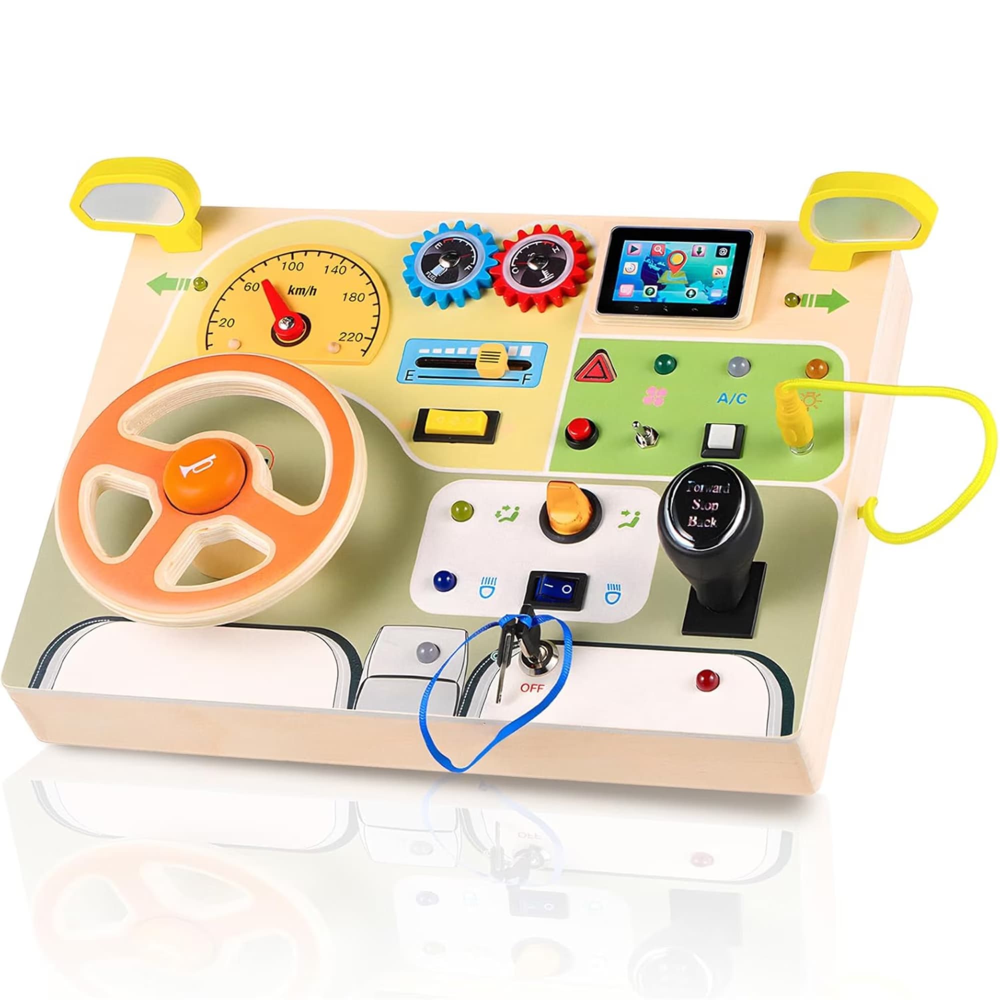 Jucarie Educativa Montessori pentru Copii, Tableta din Lemn cu Circuit Luminos, Contine Comutatoare si LED-uri Multicolore, Simulator de Condus cu Vol