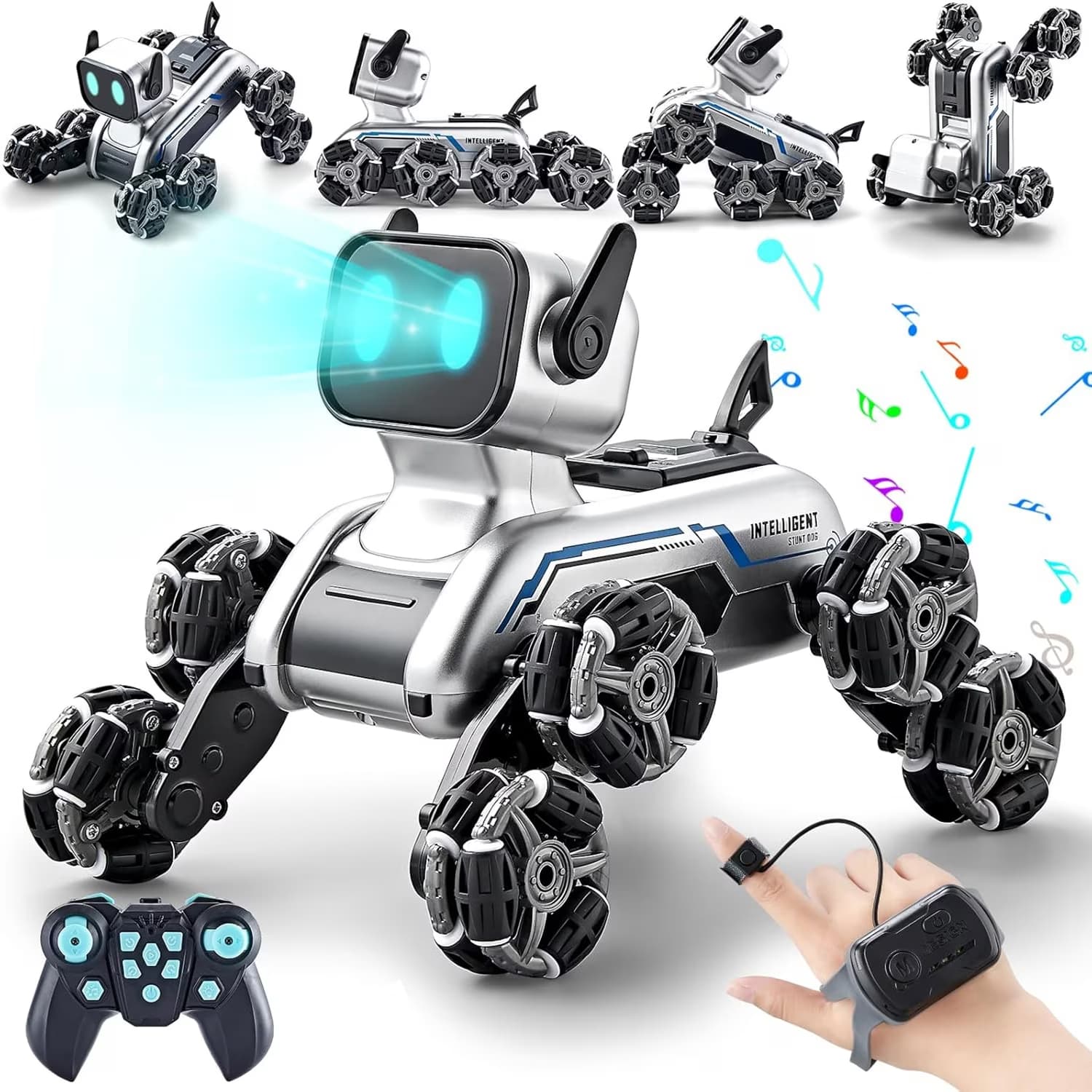 Jucarie caine robot cu telecomanda pentru copii, cu roti mecanum pentru cascadorii, 2.4Ghz 8WD, Lumini LED, 25x16x17cm