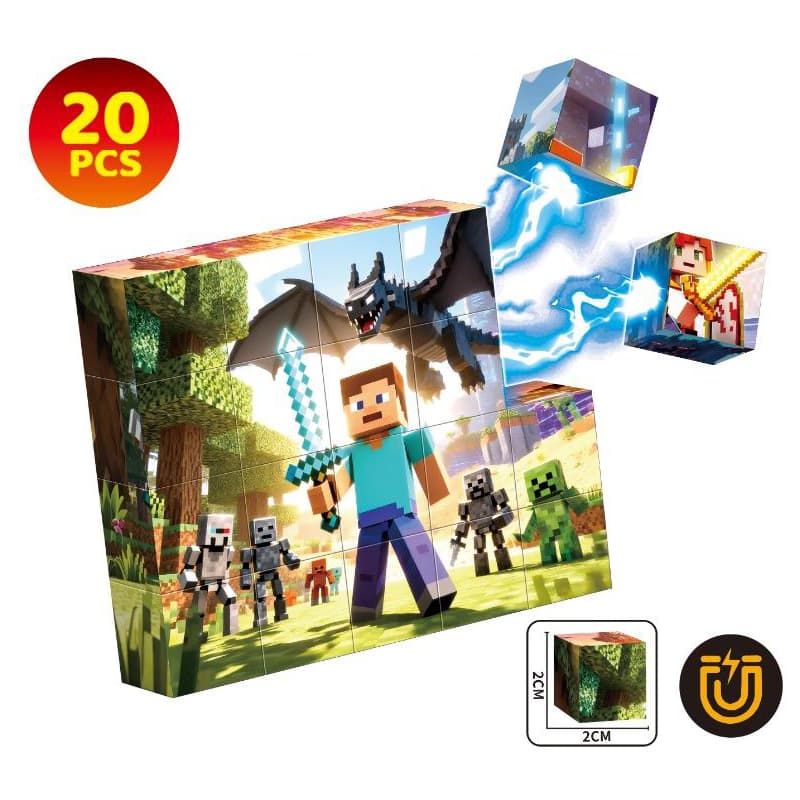 Blocuri magnetice puzzle de constructie, 20 piese, compatibile Minecraft, joc educativ STEM pentru creativitate, plastic ABS, 3+ ani