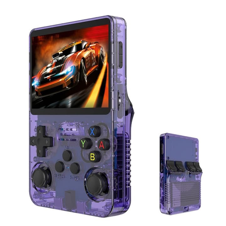 Consola jocuri retro portabila, 15.000+ jocuri preinstalate, 1 card (64GB), Joystick 3D, 1GB RAM, Autonomie 8h, Procesor RK3326 Quad Core, Baterie 320