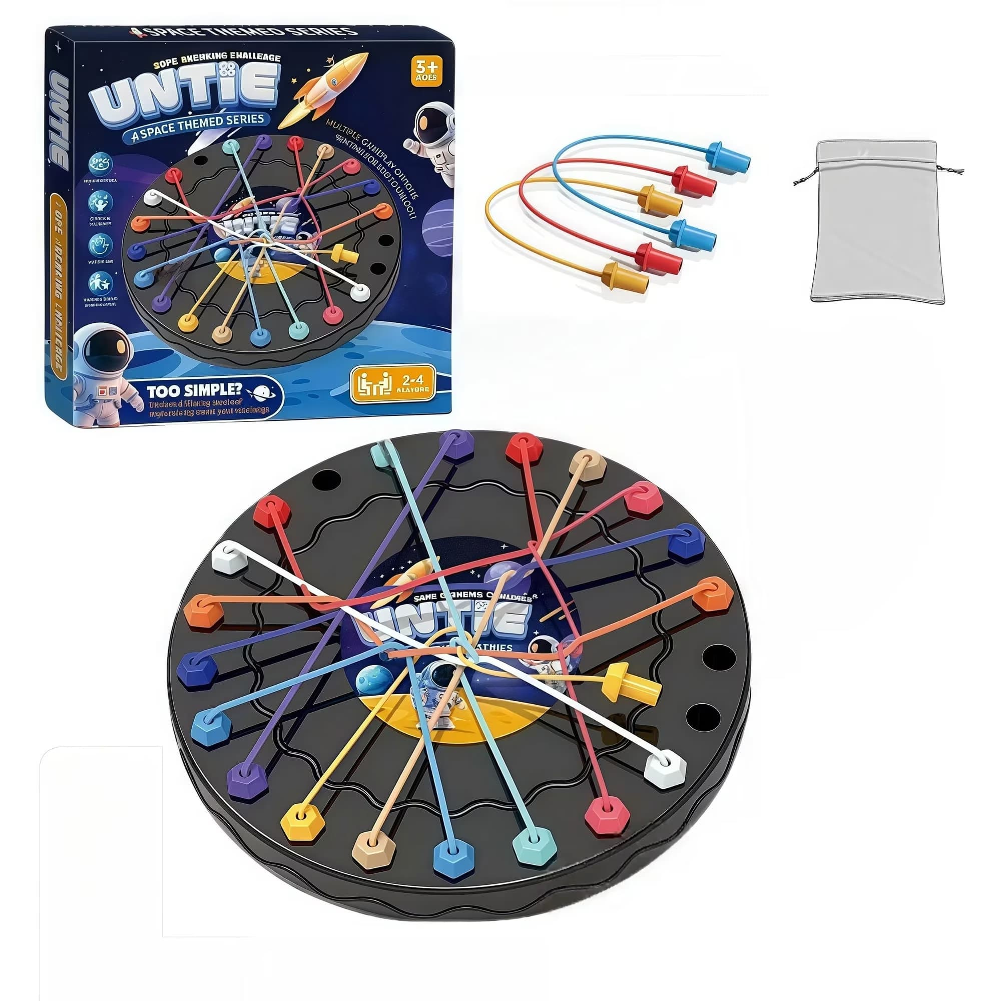 Joc interactiv pentru copii, tip Rope Challange, dezleaga sforile, tema spatiala, 2-4 jucatori