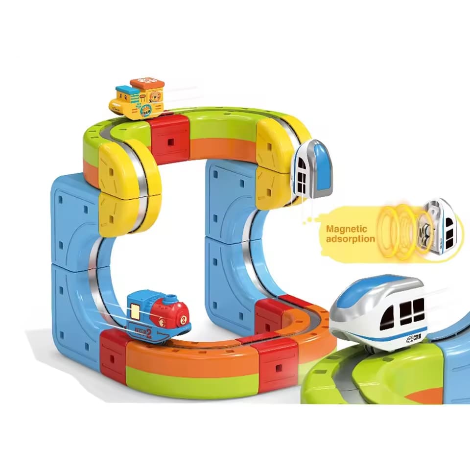 Set Tren cu Traseu Magnetic, Circuit 3D cu Trenulet si Adsorbtie Magnetica, 14 Piese, Set Constructie Tren cu Pante, Bucla, Poduri si Trasee Creative