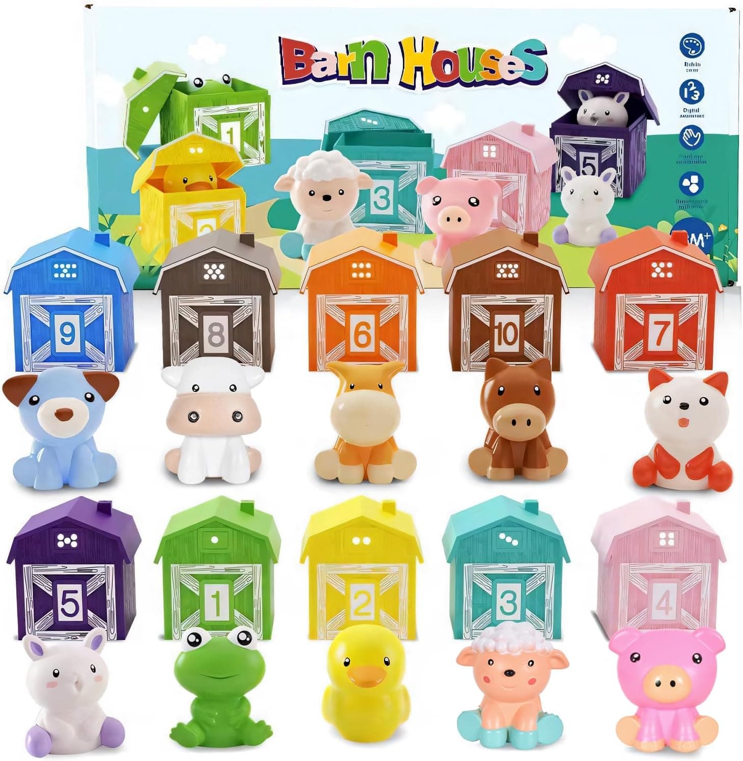Set Educativ Montessori „Peek-a-Boo Farm” – Casute cu Animale, Invatare Numere si Culori, Joc de Sortare, +18 luni
