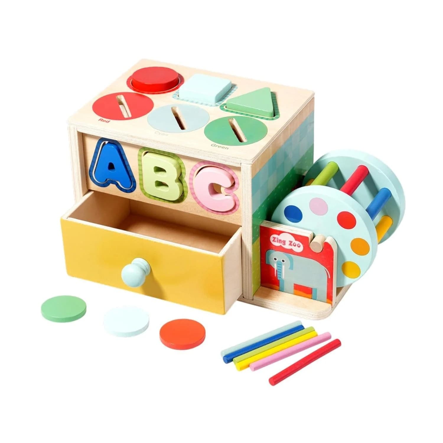 Set Jucarie Educationala Lemn 5-in-1: Sortator Forme, Litere, Culori