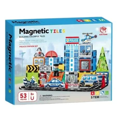 Set Constructii Magnetic Tiles Statie Politie 53 Piese - Joc Educativ STEM