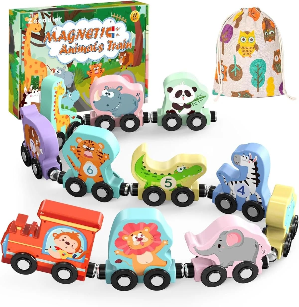 Trenulet magnetic din lemn Animale Zoadler 11 piese cu saculet de depozitare