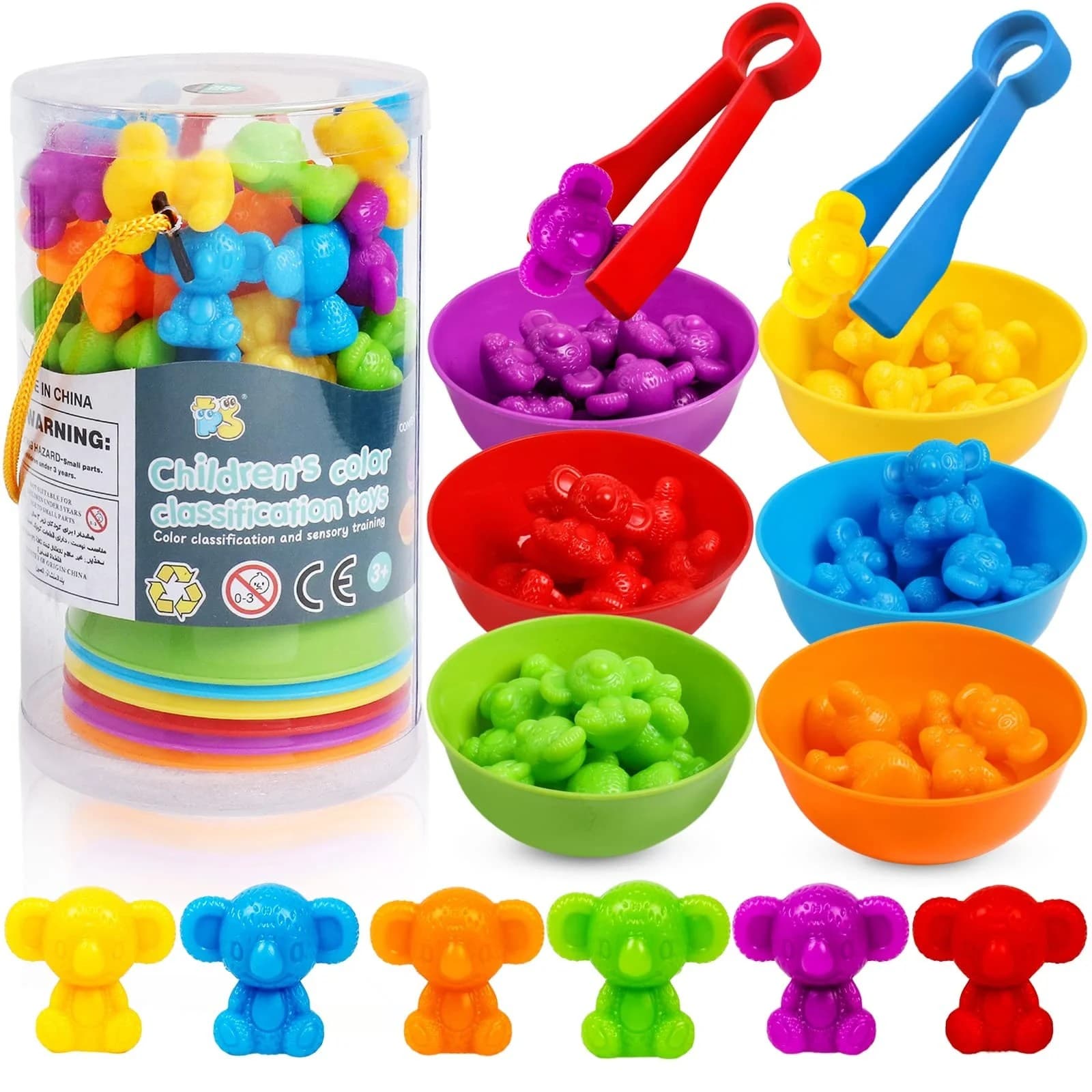 Set educativ pentru sortare si numarat cu animalute colorate, boluri si clesti, dezvolta motricitatea fina si recunoasterea culorilor, pentru copii 3+