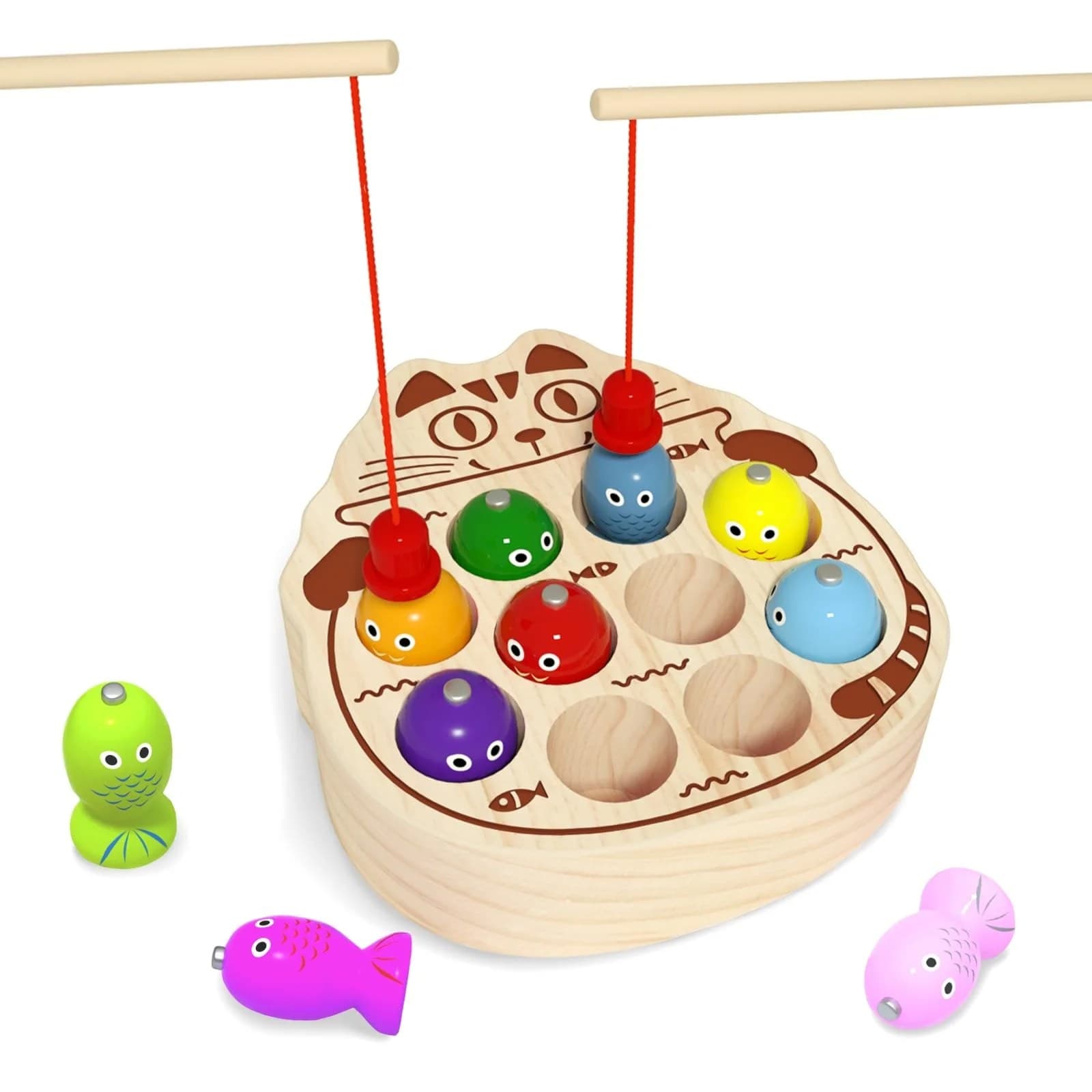 Joc magnetic de pescuit din lemn EDU TREE Cute Cat, jucarie interactiva si educativa 18+ luni