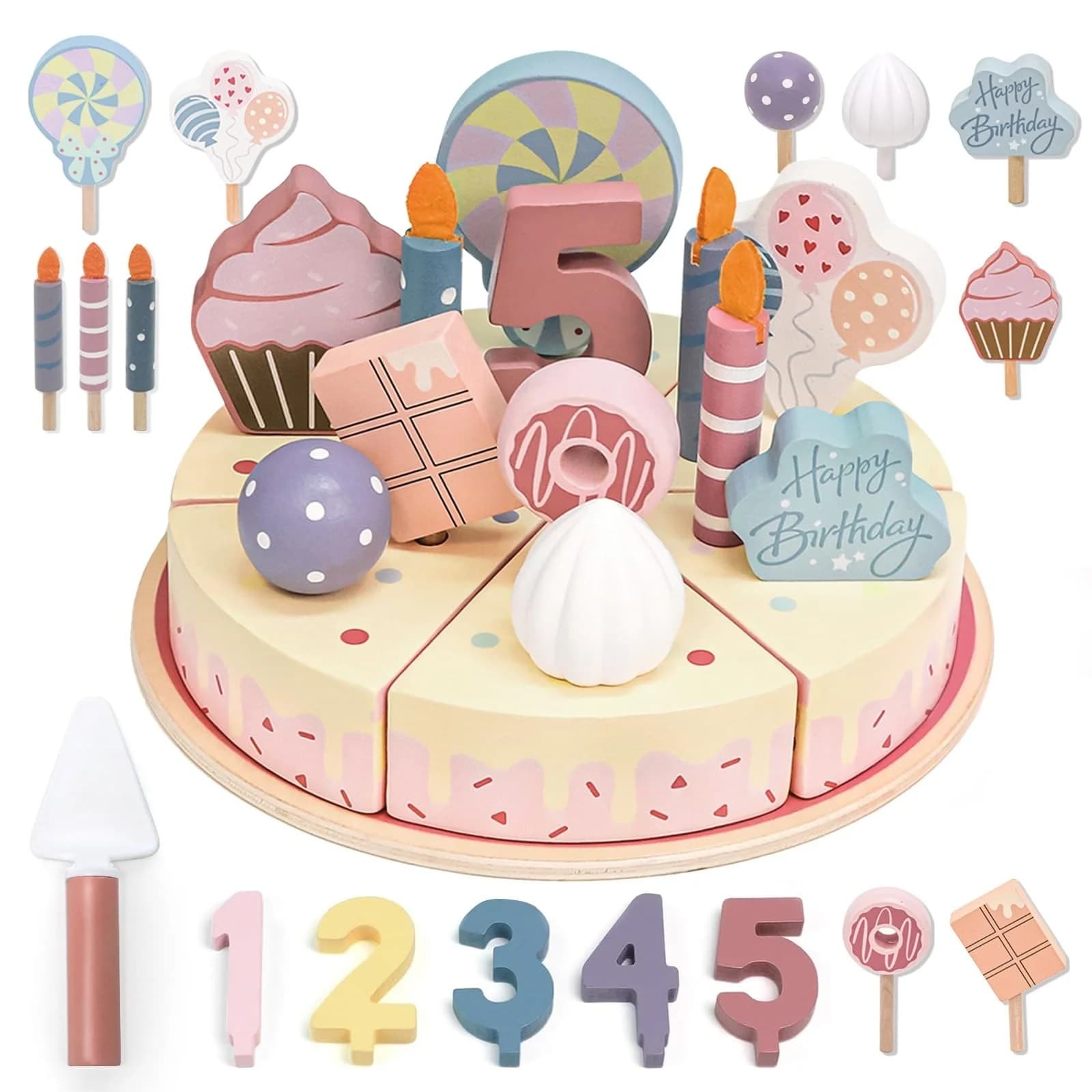 Set tort aniversar din lemn, roz pastel, cu accesorii detasabile pentru joc de rol copii 3+