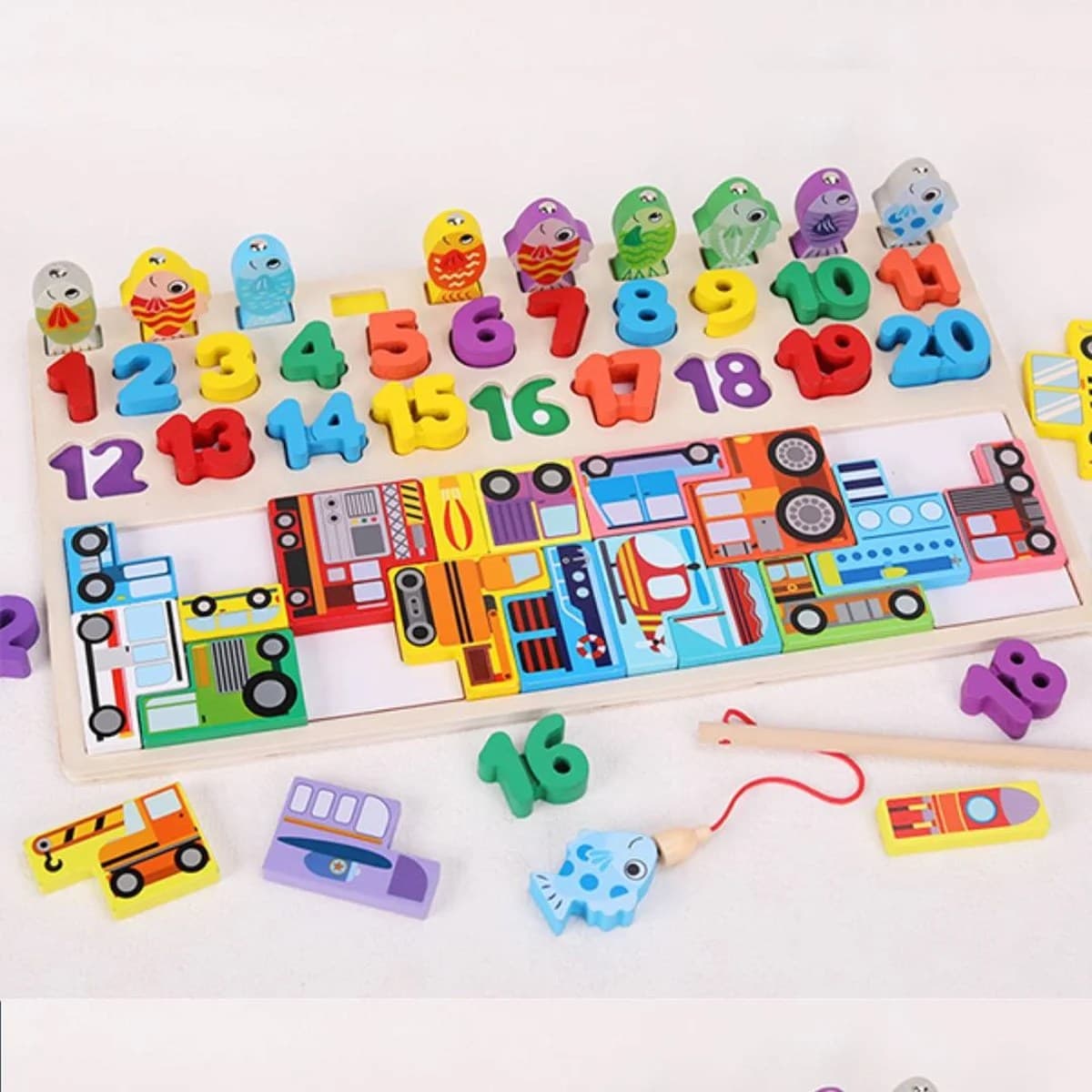 Joc educational multifunctional din lemn 4 in 1, tabla logaritmica cu numere, forme si pescuit, copii 3 ani+