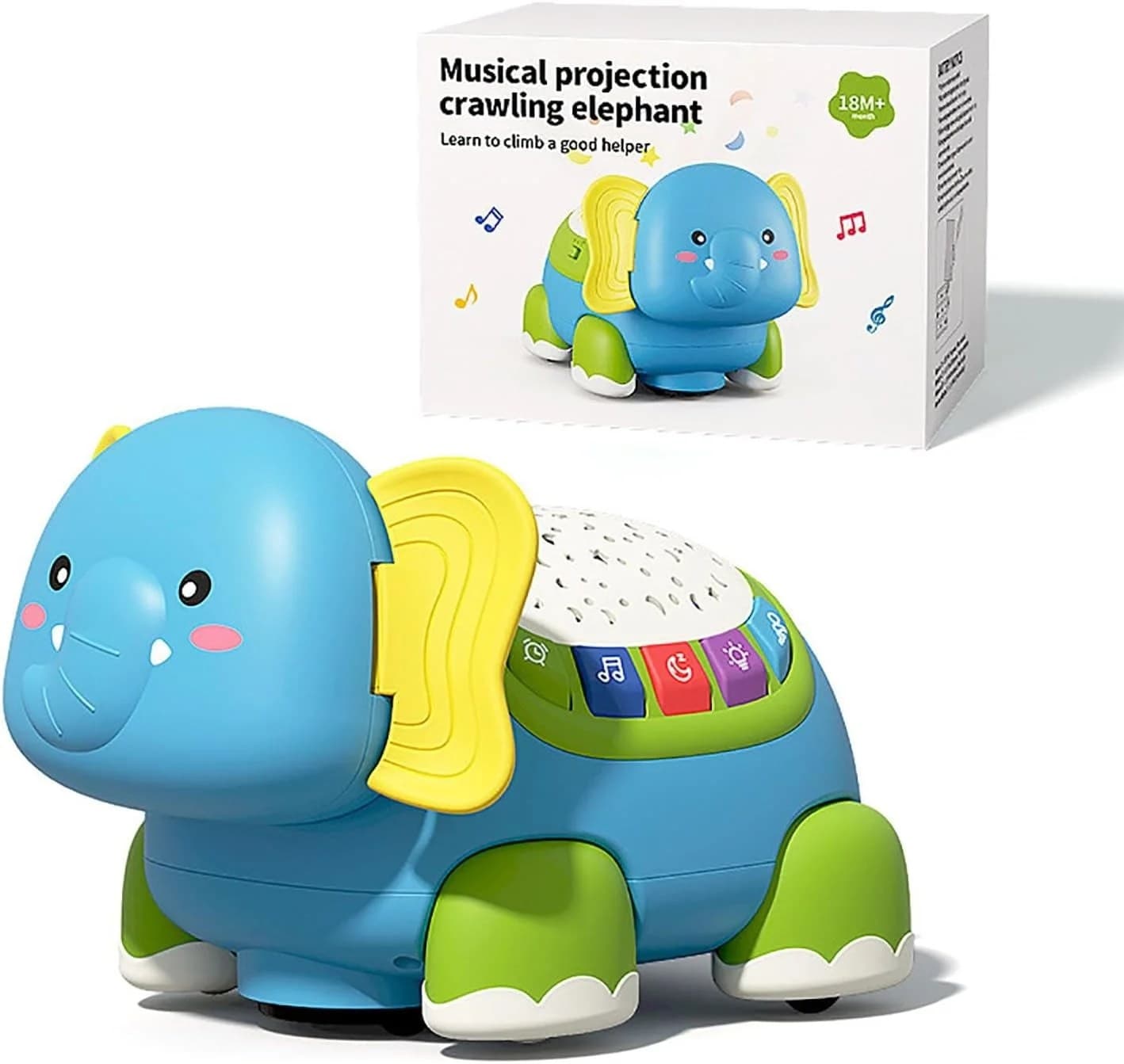 Elefant muzical si interactiv din plastic, culori vesele, ideal pentru bebelusi si copii mici