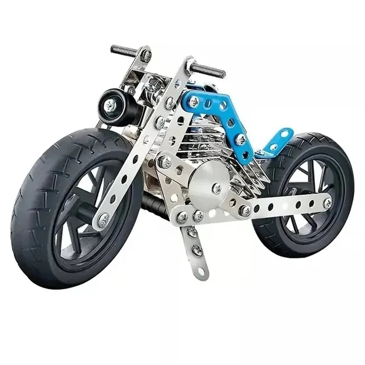 Set constructie metalica tip motocicleta albastru si argintiu, dezvolta creativitatea