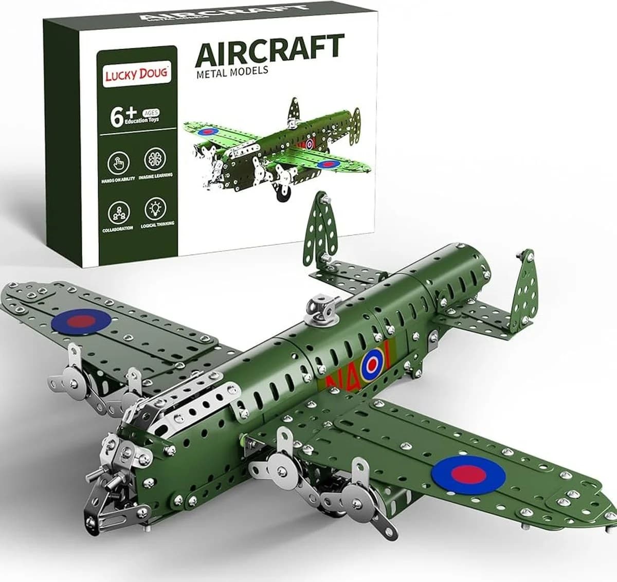 Set de constructie metalic premium Aole Gainian, model avion de epoca verde cu 389 piese, pentru copii 8+