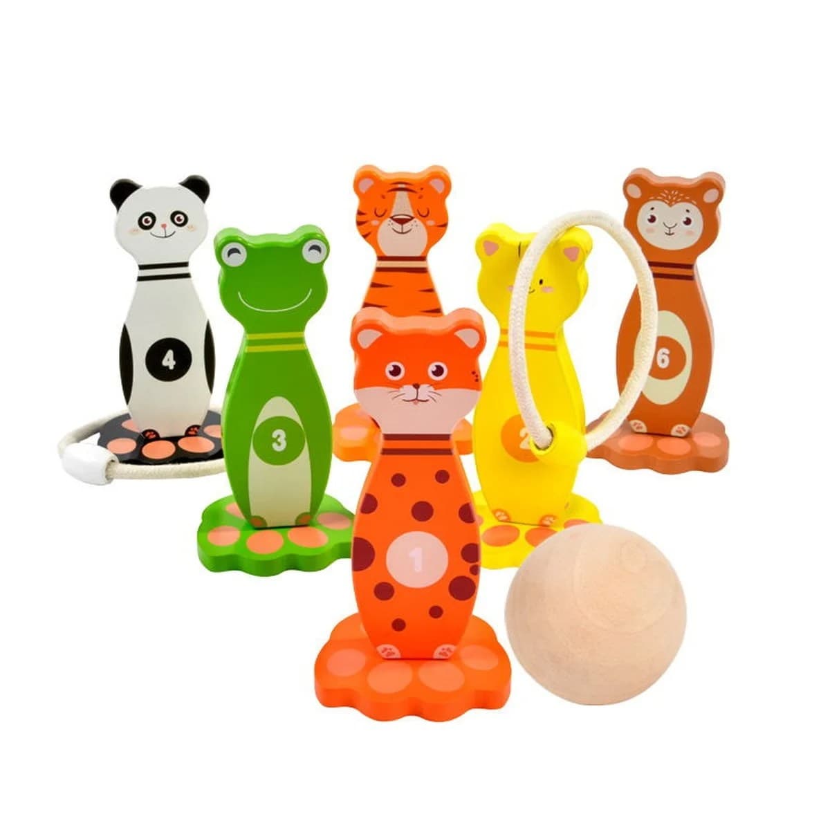 Set de bowling educativ din lemn cu animale numerotate, minge si inele, pentru copii mici