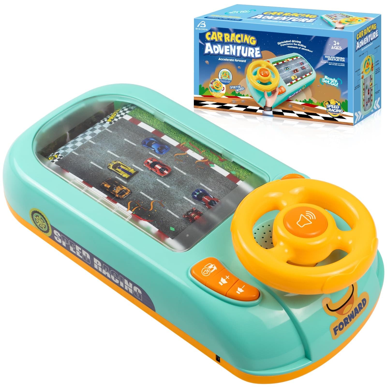 Joc interactiv Car Racing Adventure, cu volan si display, turcoaz si portocaliu, pentru copii 3 ani+