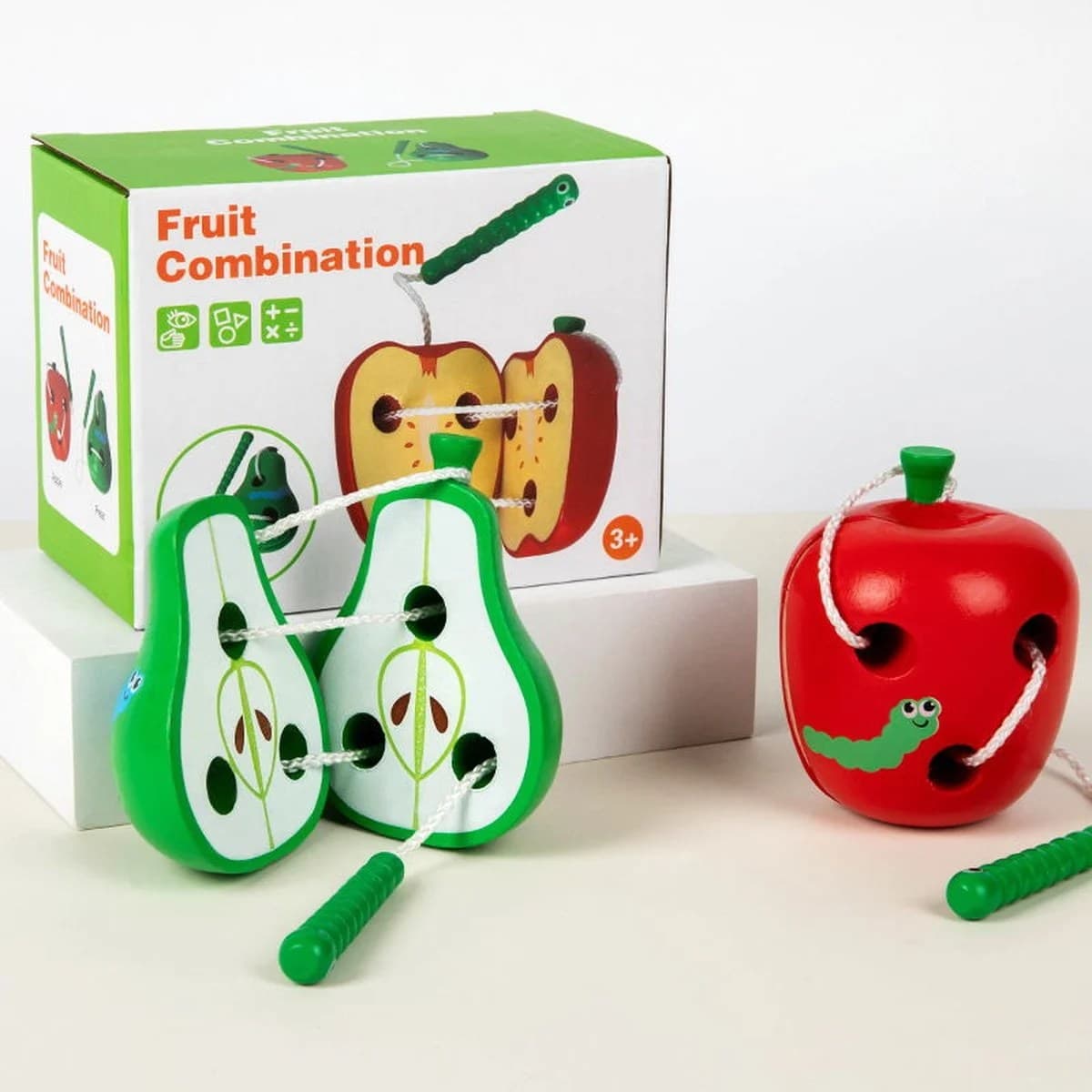 Joc educativ Montessori din lemn pentru snuruit fructe, mar si para, verde si rosu, 3+