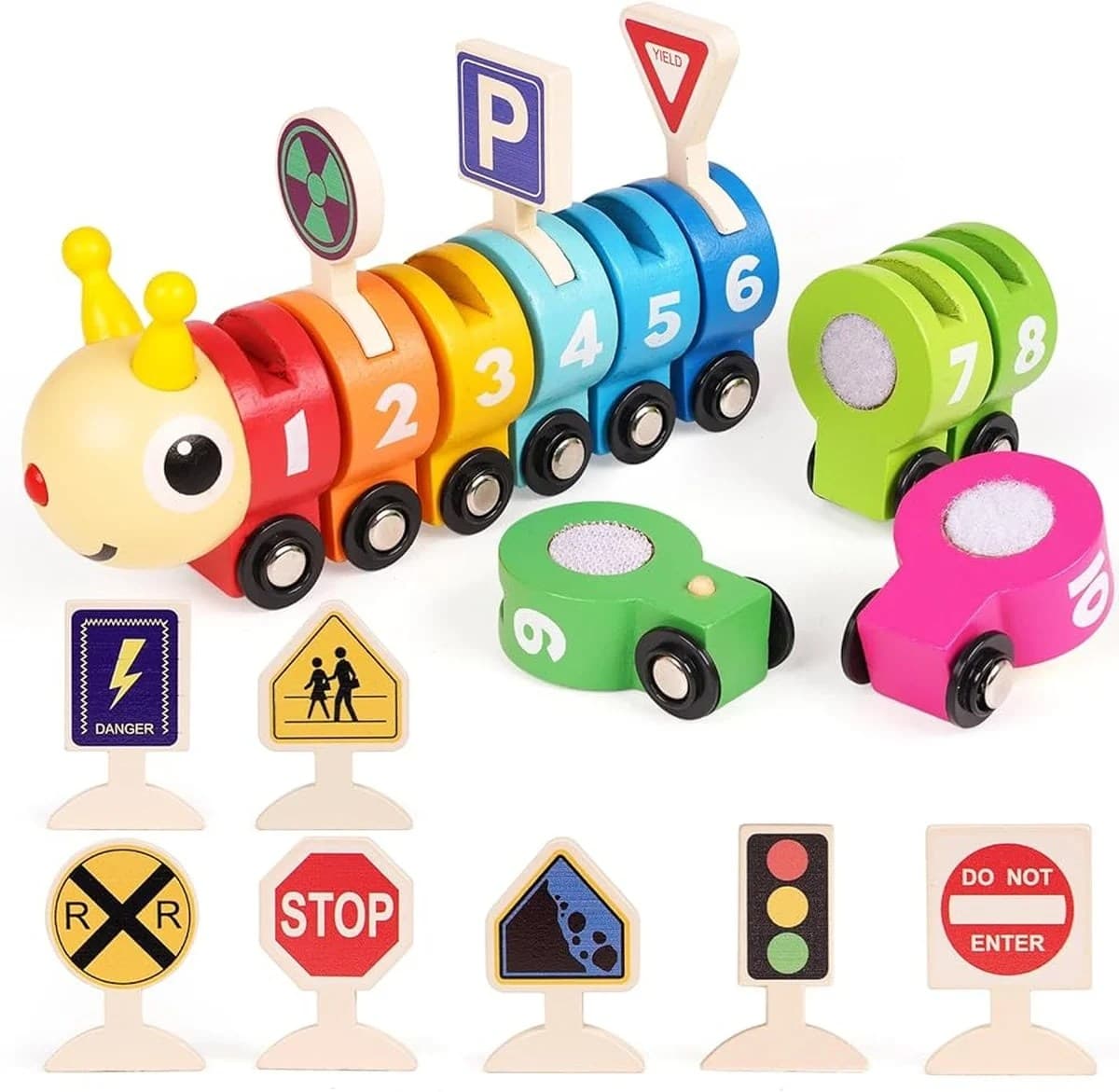 Set educativ din lemn cu omida numerotata si semne de circulatie colorate pentru copii
