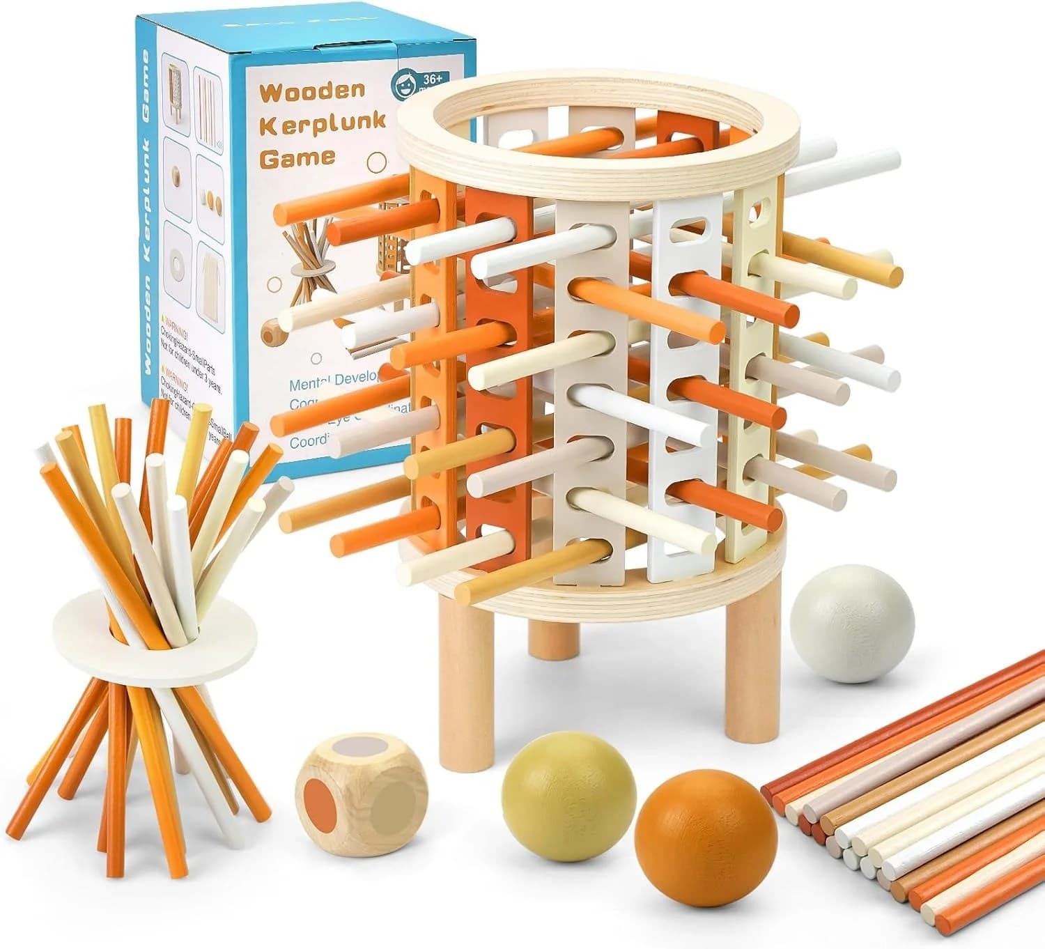 Joc de indemanare Kerplunk din lemn natural cu bete colorate si bile pentru copii 3+ ani