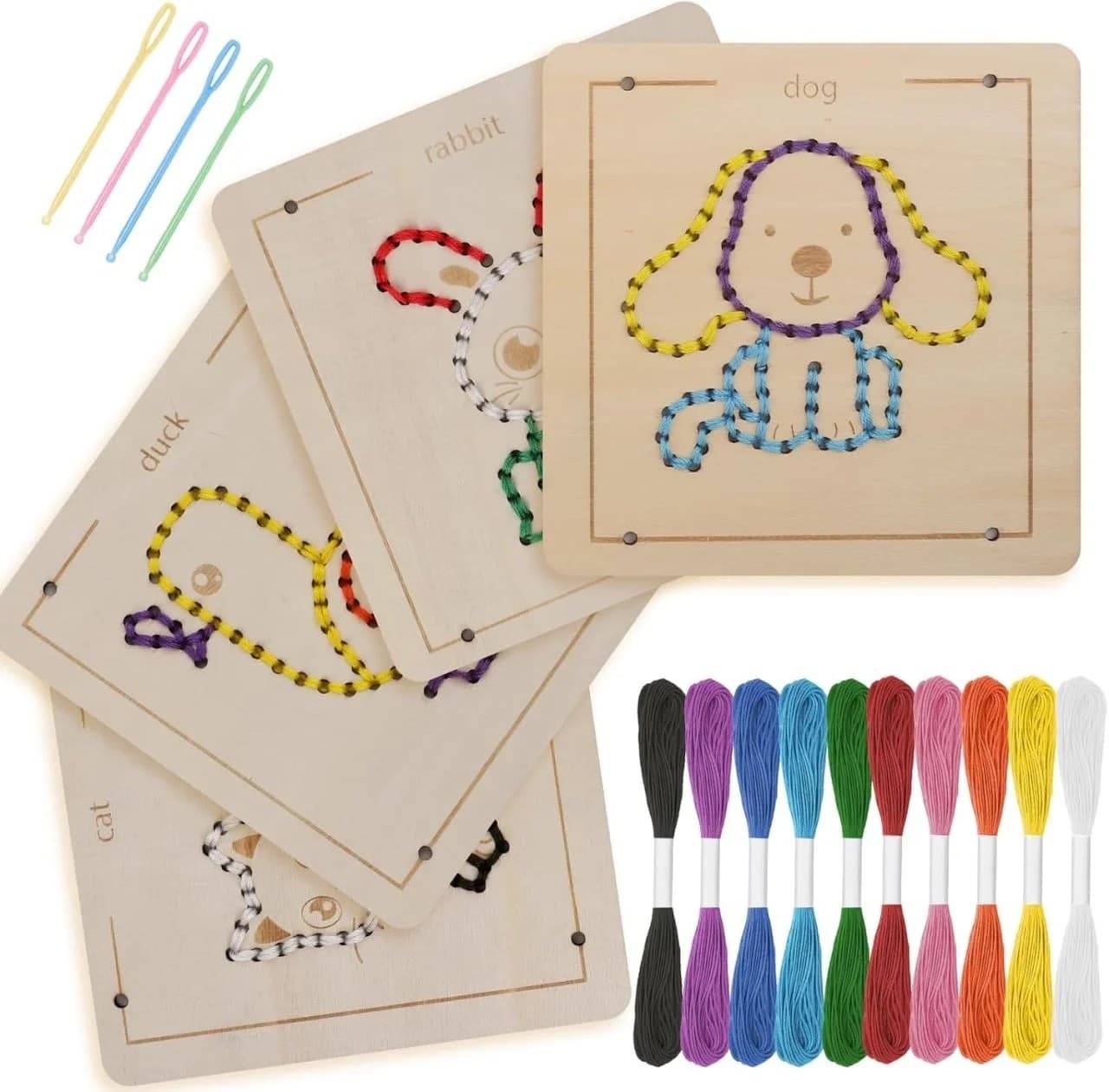 Set de cusut si insirat Montessori din lemn cu animale, snururi colorate si ace pentru copii