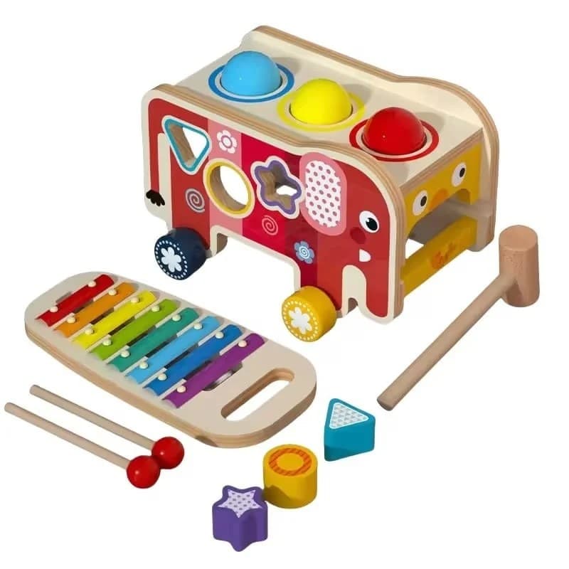 Set interactiv din lemn cu ciocanel, xilofon curcubeu, sortator forme si bile pentru bebelusi 18+ luni