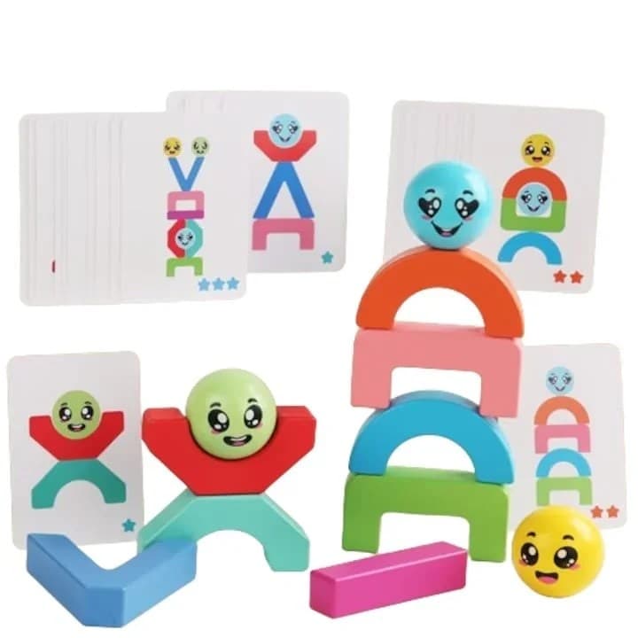 Joc educativ de echilibru din lemn cu blocuri colorate si mingi emoticoane pentru copii