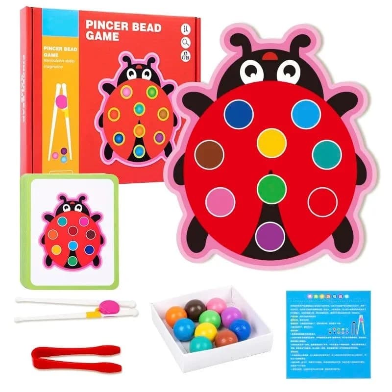 Joc educativ montessori cu bile si pensete buburuza colorata din lemn pentru dezvoltarea motricitatii fine