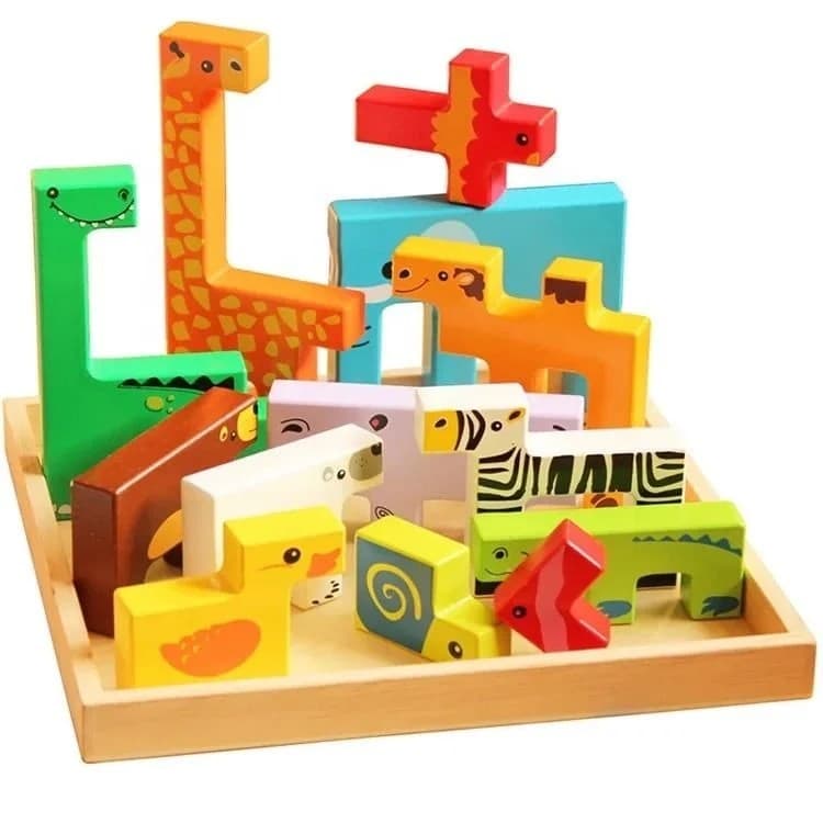 Set educativ din lemn cu puzzle animale colorate, joc de stivuire si echilibru pentru copii 3+ ani