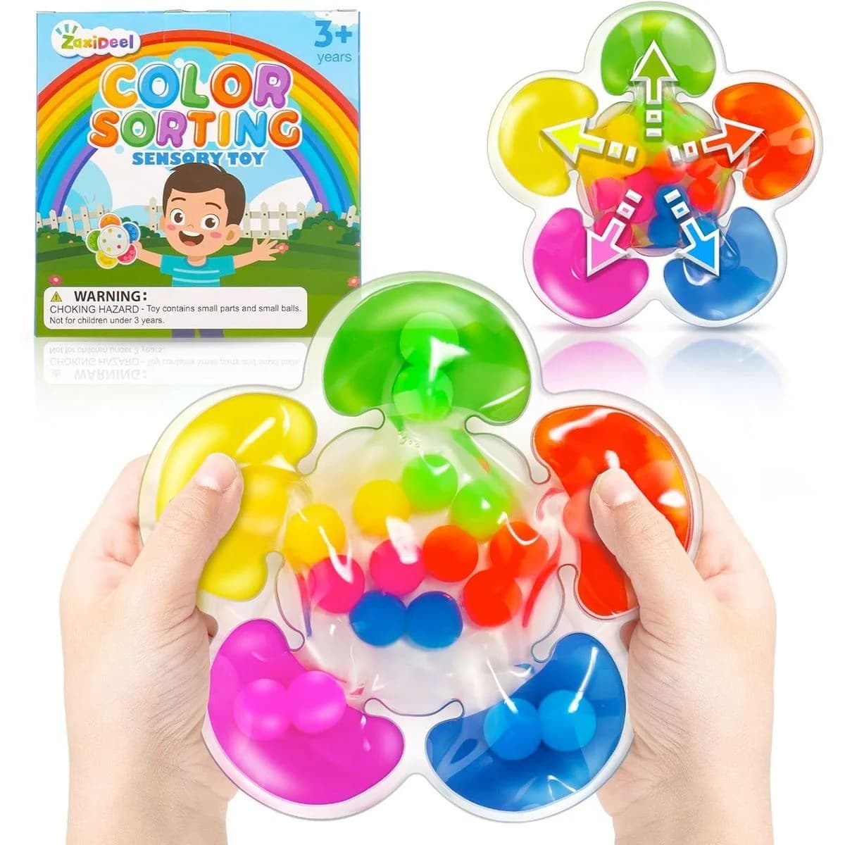 Joc senzorial interactiv pentru sortarea culorilor ZaxiDeel, forma de floare, bile multicolore, 3+ ani