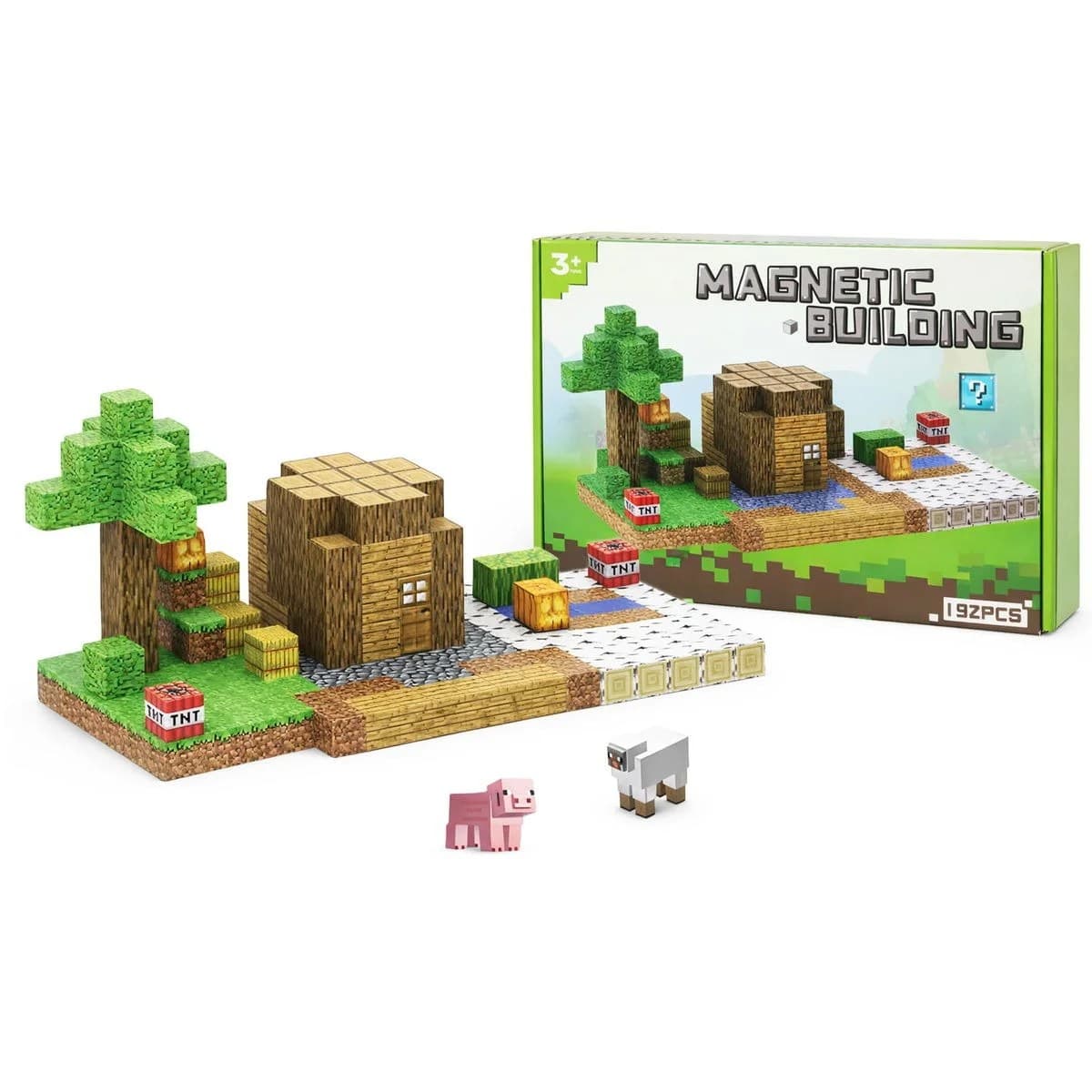 Set magnetic de constructie tip minecraft cu 192 piese, pentru copii de 3 ani si peste
