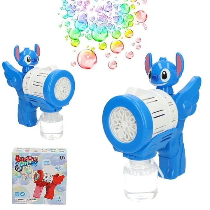 Pistol de facut bule automat Stitch cu aripi, culoare albastru si alb, pentru copii peste 5 ani