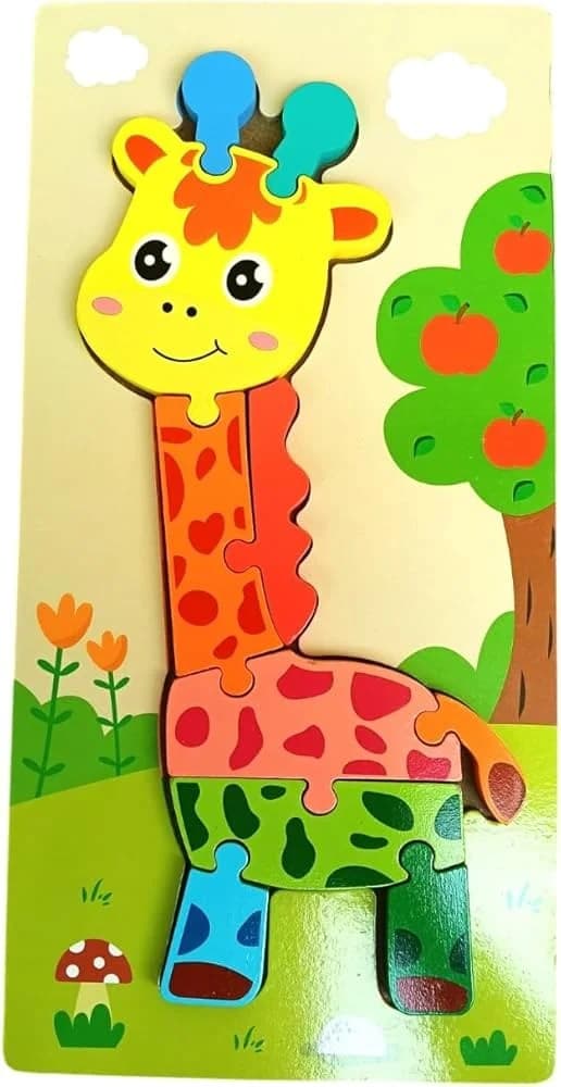 Puzzle educativ din lemn in forma de girafa cu piese colorate pentru invatare prescolara