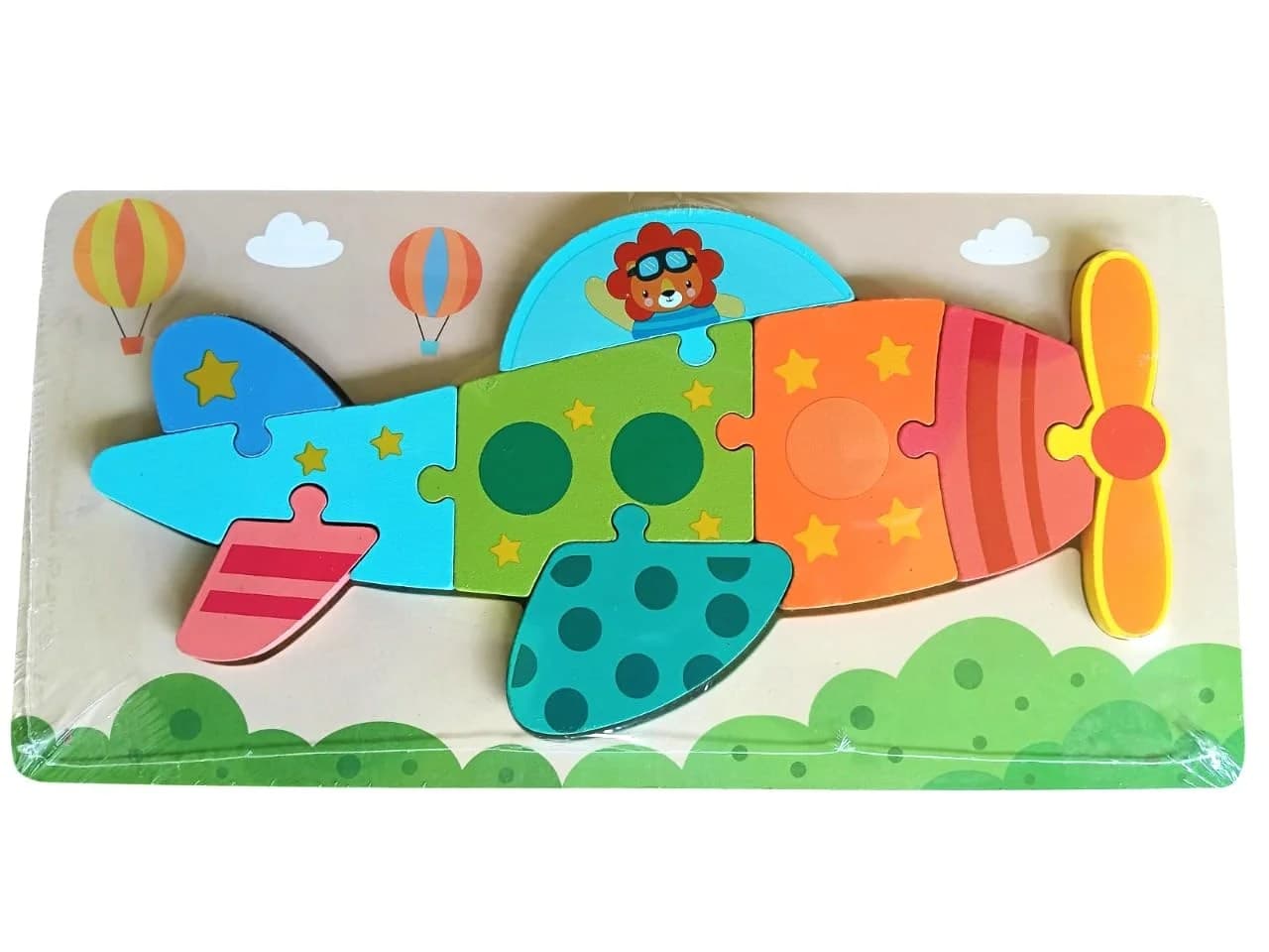 Puzzle educativ din lemn in forma de avion cu forme colorate pentru invatare prescolara