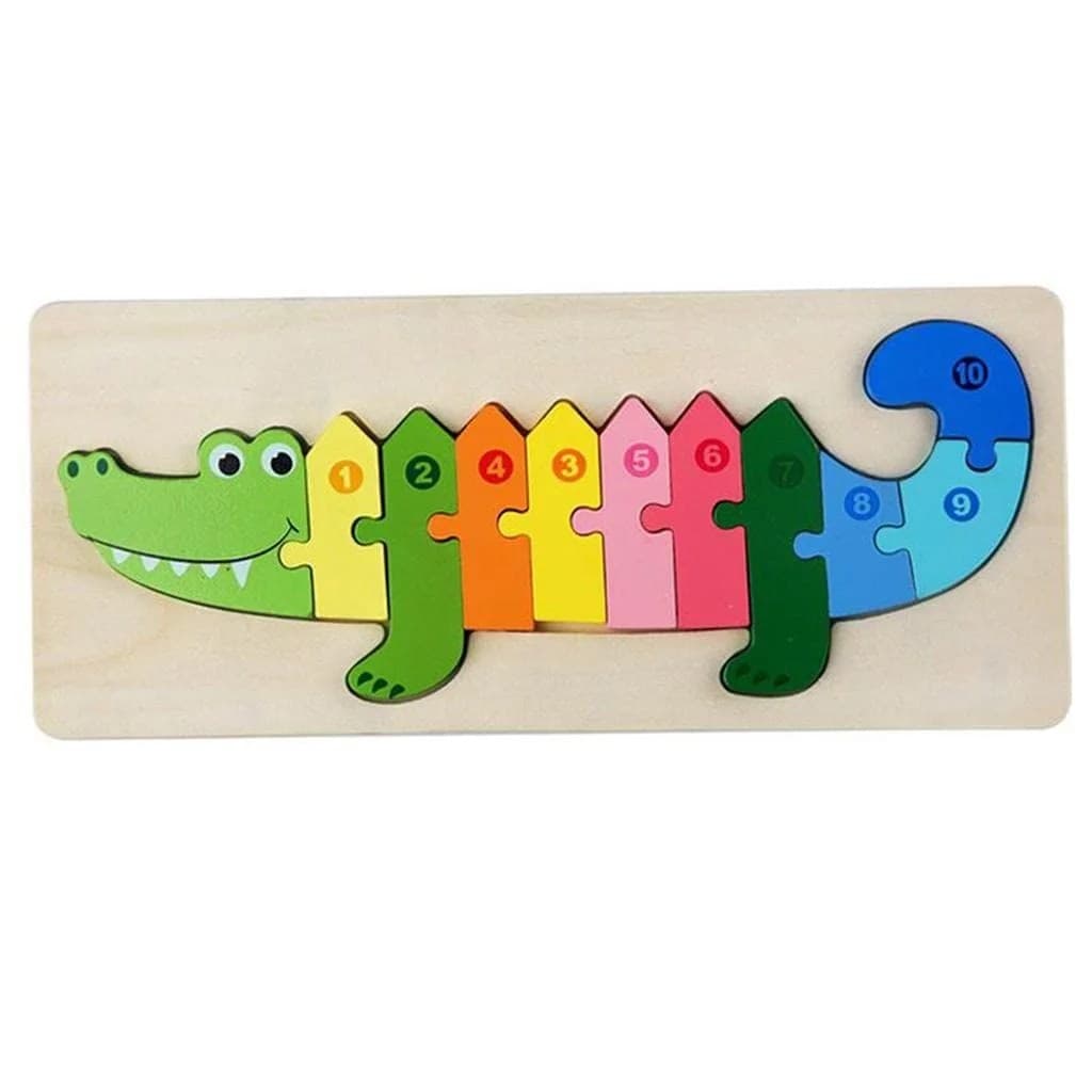 Puzzle educativ din lemn in forma de crocodil cu numere colorate pentru invatare prescolara