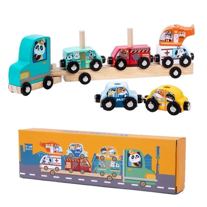 Set educativ trenulet si masinute din lemn multicolor cu magneti si personaje animale vesele