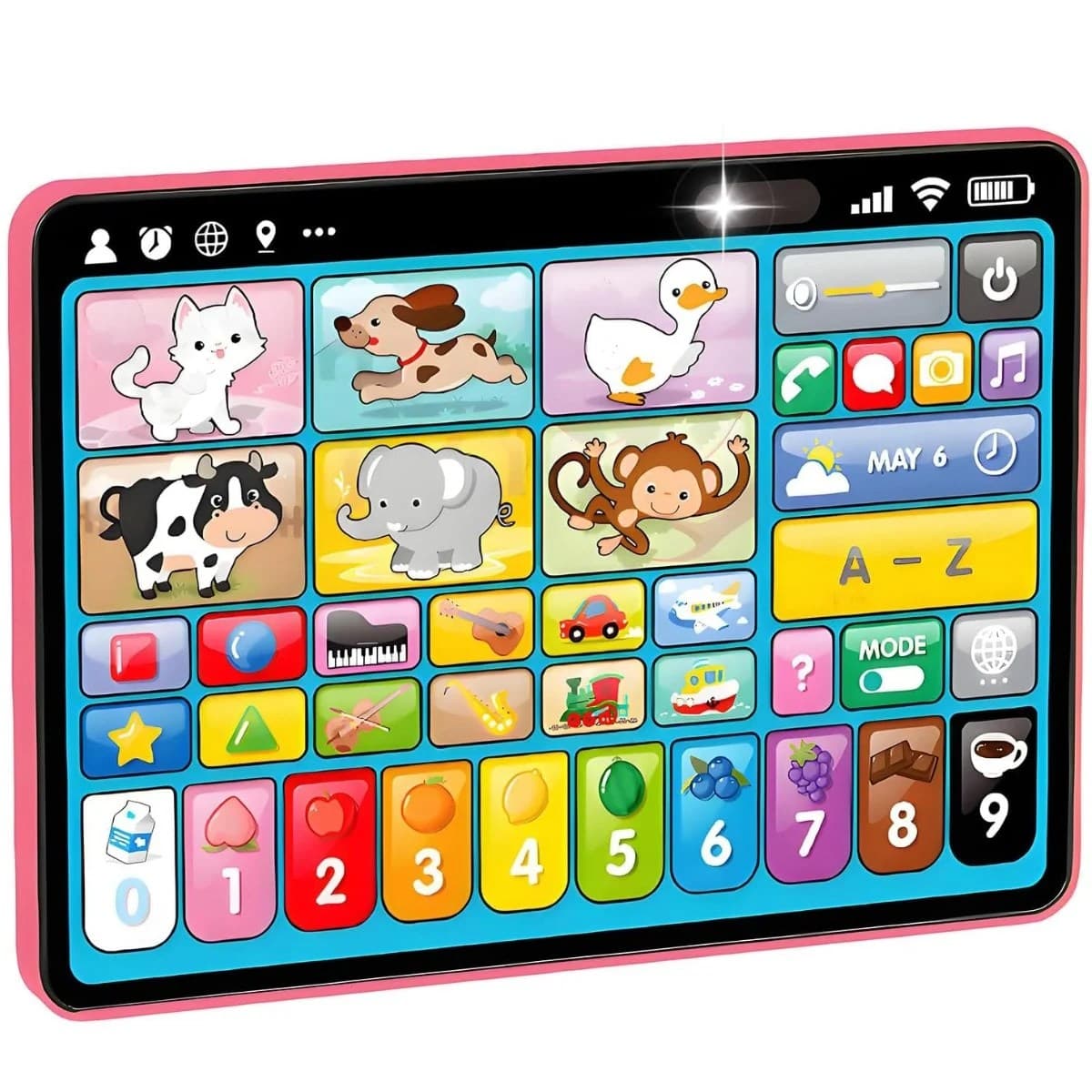 Tableta interactiva educativa multicolora roz pentru copii, cu animale, cifre, litere si muzica, 1-5 ani