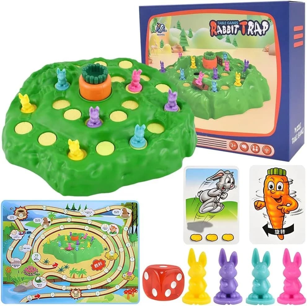 Joc de societate Capcana iepurasilor pentru copii, cu figurine iepurasi colorati si tabla 3D, varsta 3+