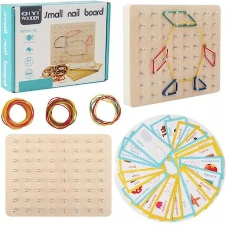 Placa educativa din lemn geoboard cu elastice colorate si carduri ilustrate pentru copii 3 ani+