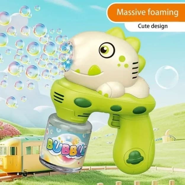 Pistol de bule pentru copii cu design dinozaur verde si bej, automat si distractiv pentru exterior