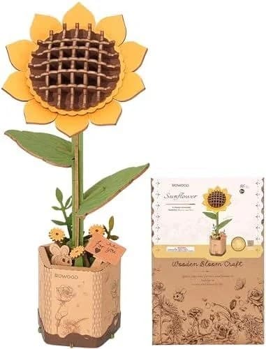 Set creativ din lemn floarea soarelui Rowood, puzzle 3D decorativ pentru constructie, varsta 5+