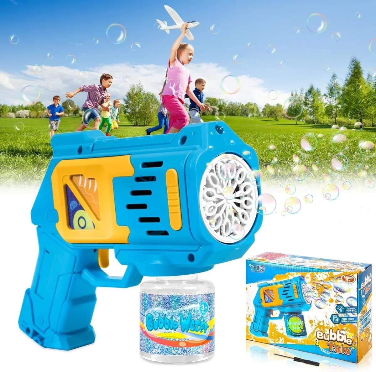 Pistol de bule automat Bubble Tale albastru si galben pentru copii 3+ ani